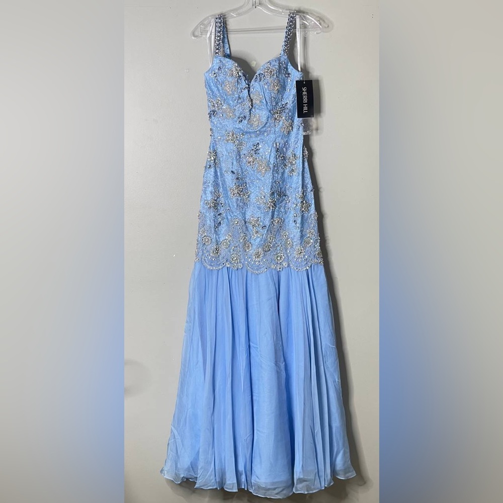 Sherri Hill Blue Silver Embellished Pleated Prom Gown